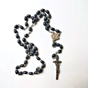 K of C Vintage Black Plastic Seed Bead Rosary Made In Italy 18” Catholic